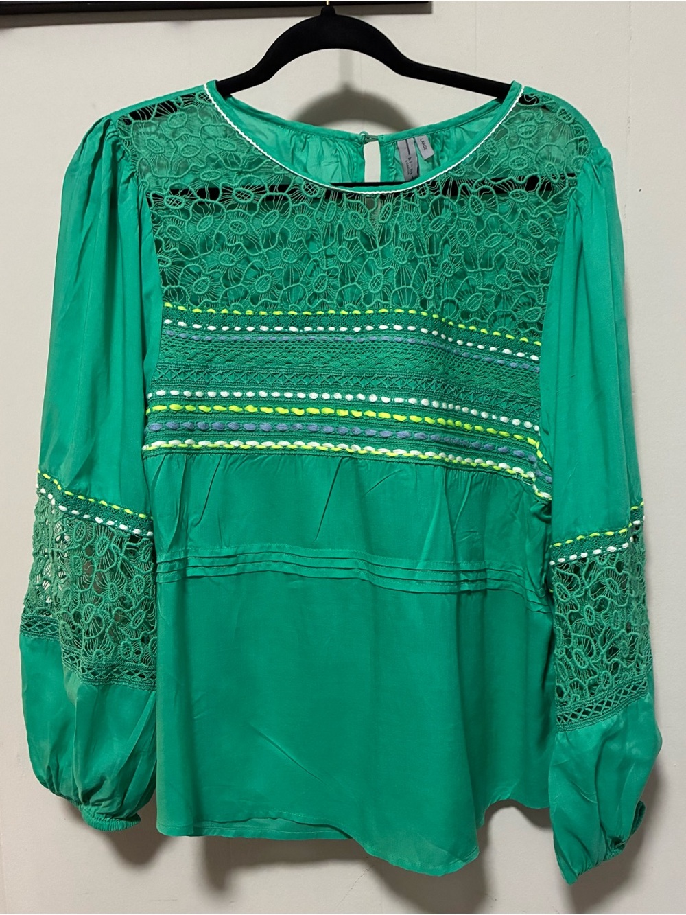 Blank London Womens Large Green Floral Lace Boho Peasant Blouse Long Sleeve